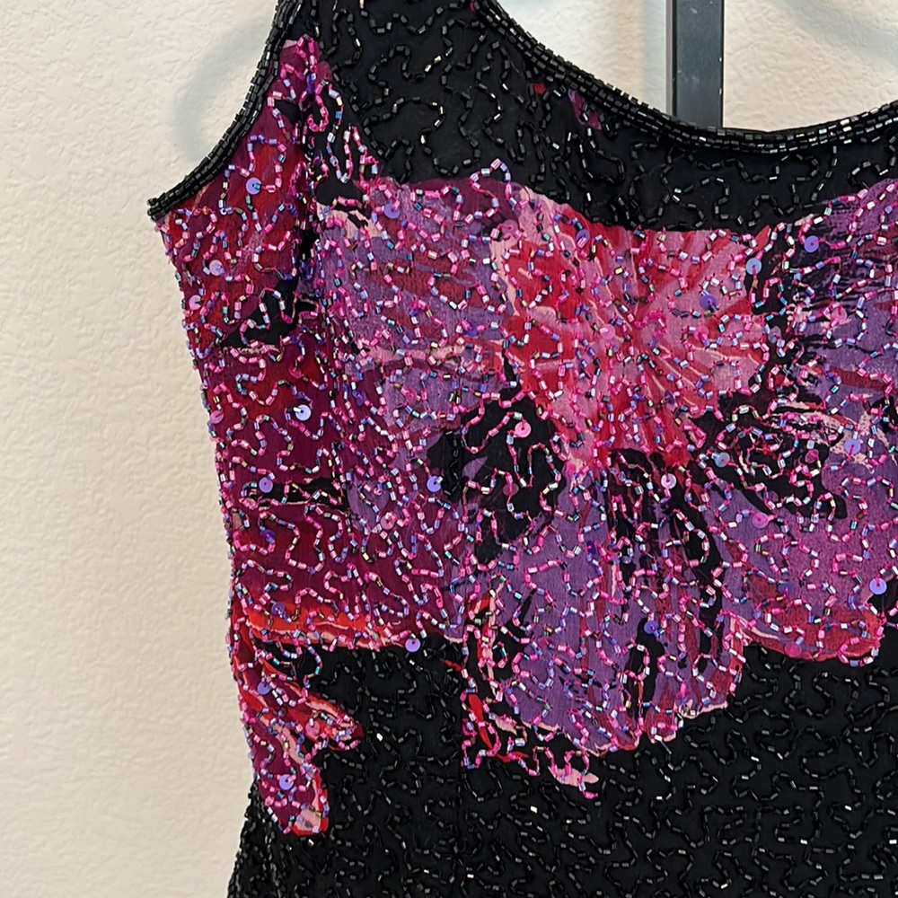 (Final Price) Vintage Cecily Brown Beaded Silk Floral Top - Size Med - Picture 2 of 12